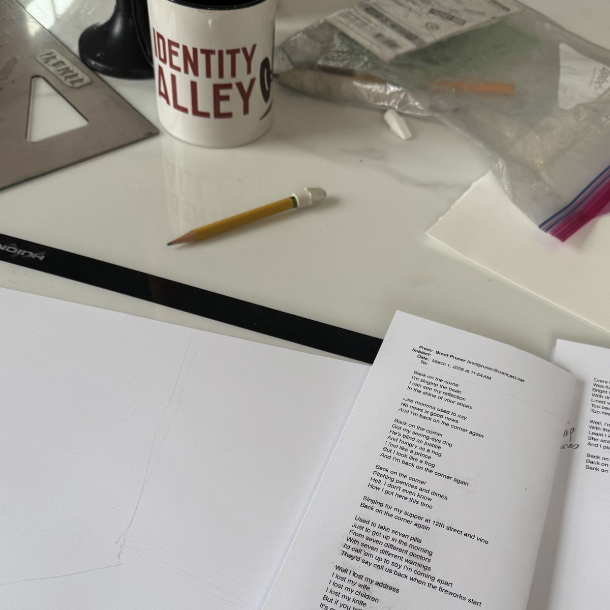 Lyrics printout, ready to start drawing